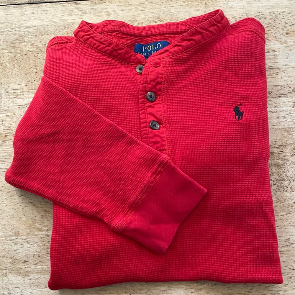 Polo Ralph Lauren‎ Boy’s Sz XL (18-20) Red Waffle Knit Cotton Henley Shirt